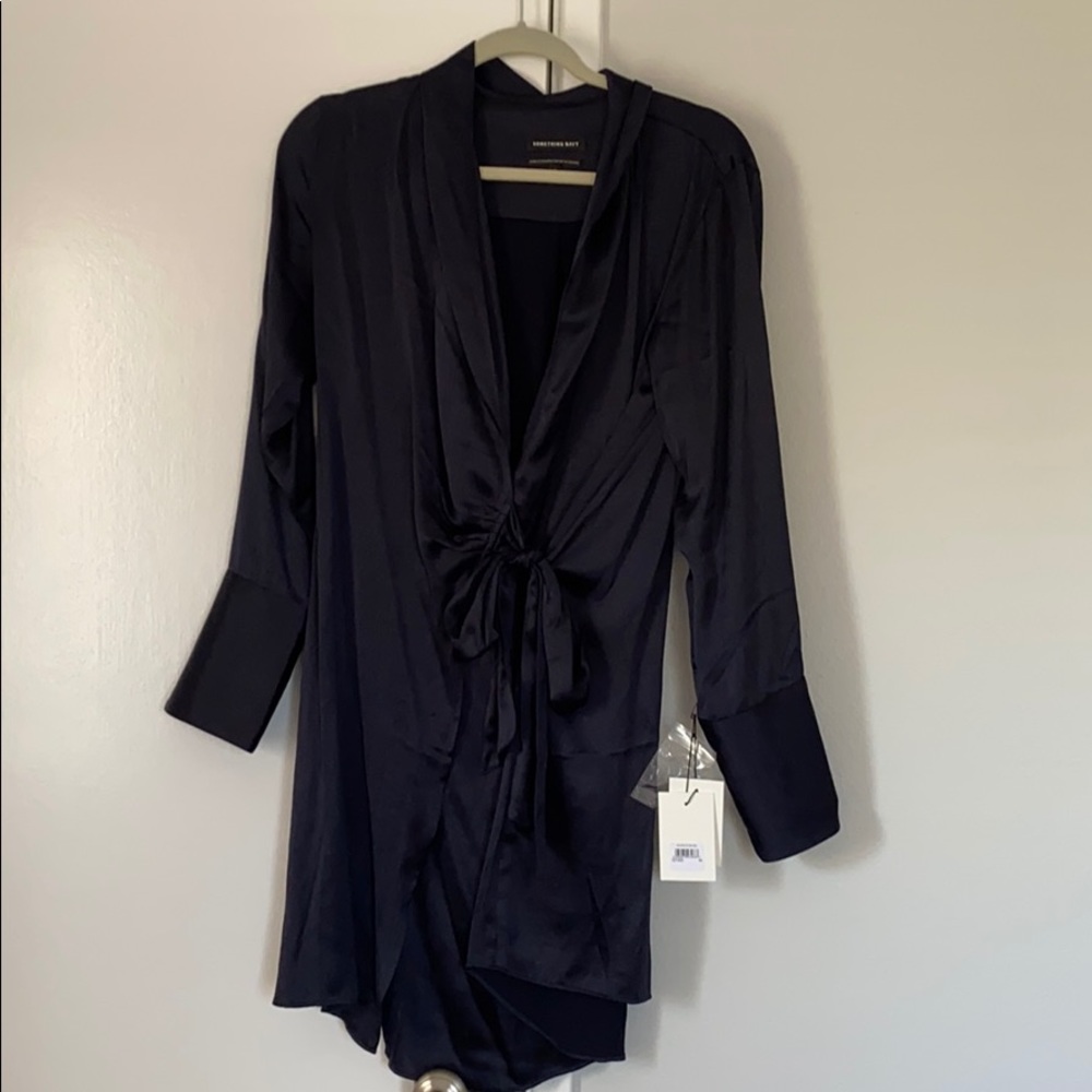 Something Navy Navy blue satin wrap dress.